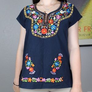 Vintage Tops - Navy blue floral embroidered blouse🌞 Vintage Tops - Navy blue floral embroidered blouse🌞